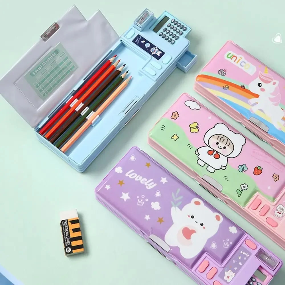 Double-Layer Pencil Case with Calculator & Sharpener Astronaut Animal Box