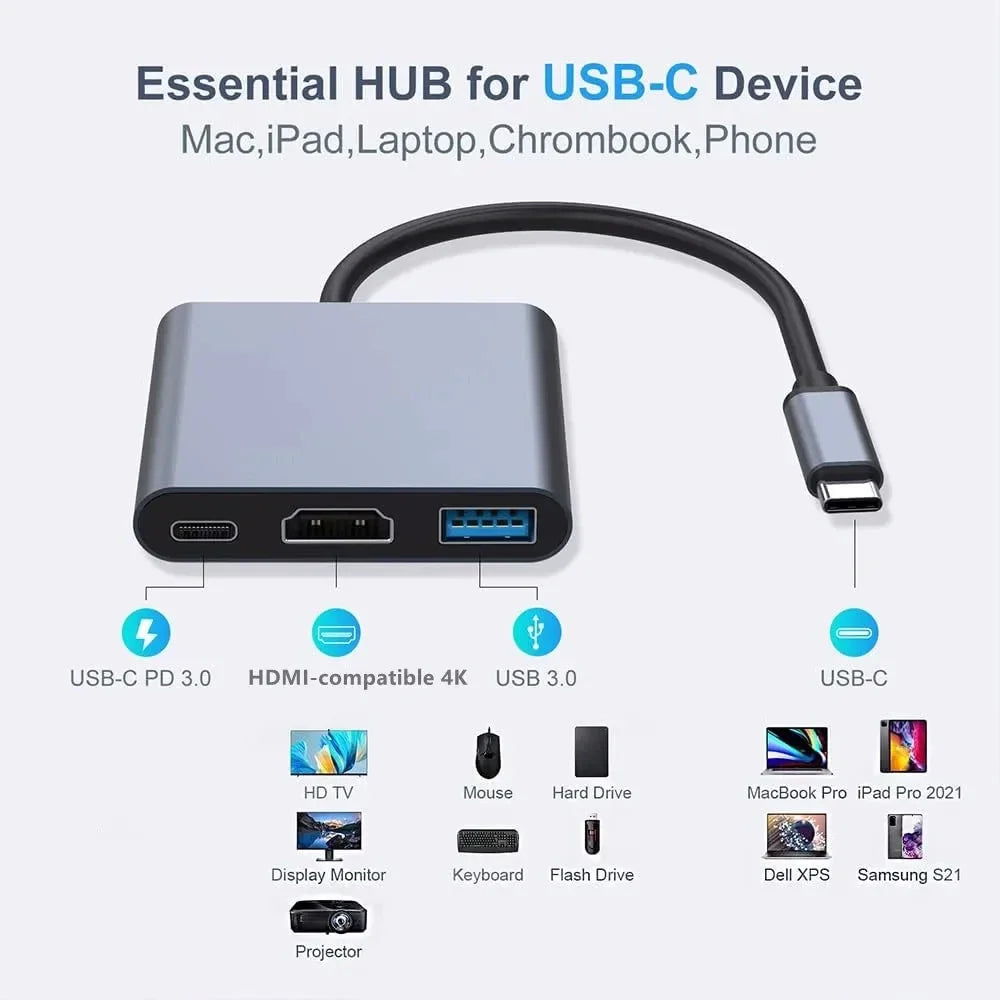 3-in-1 USB-C Hub 100W Power 4K HDMI USB 3.0 Adapter for MacBook & Steam Deck