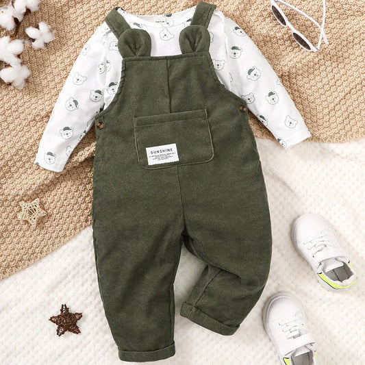Baby Boy Girl Bear Print Outfit Long Sleeve Top & Strap Pants Toddler Set