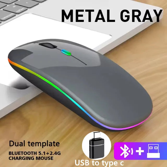 LED Wireless Bluetooth Mouse Rechargeable Silent Dual Mode for Laptop PC