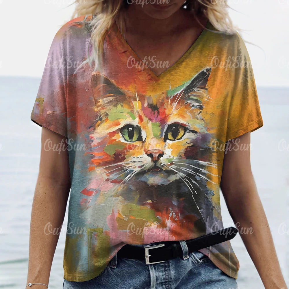 Women’s 3D Cat Print T-Shirt  Casual Oversized Tee, Short Sleeve Crew Neck Streetwear