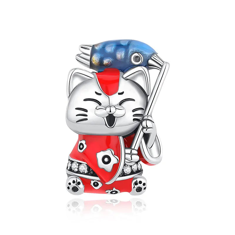 Silver Japanese Doll Fortune Cat Charm Bead for Bracelets