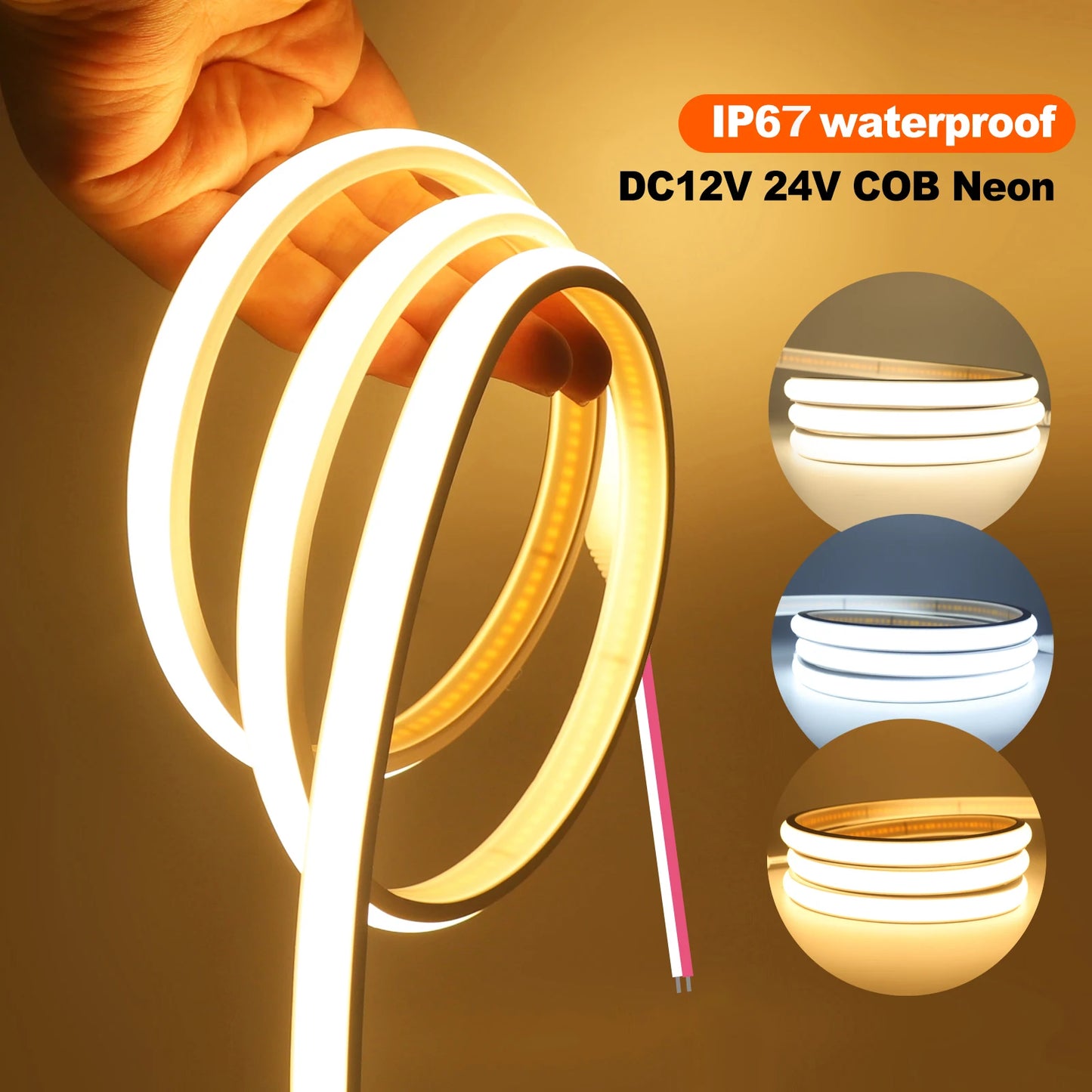 Waterproof COB LED Strip Light 12V/24V Flexible Neon Tape, 320 LEDs High-Density Linear Lighting (0.5-20M)