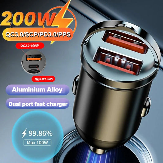 200W Dual USB Car Charger – Fast Charging 12-24V Cigarette Lighter Adapter