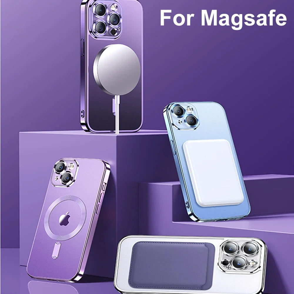 Magnetic Plating Case for iPhone 16 15 14 13 12 11 Pro Max Plus MagSafe Cover with Lens Protector