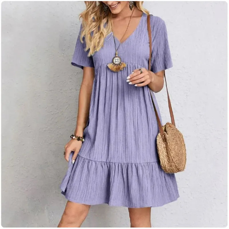 Trendy Spring Dress V-Neck, Short Sleeves & Flattering Fit