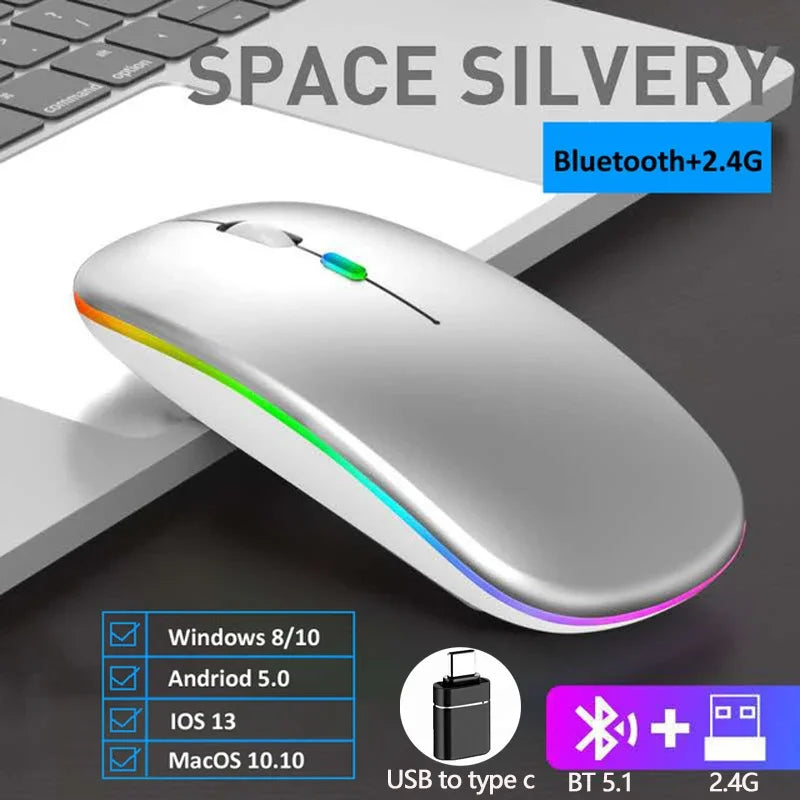 LED Wireless Bluetooth Mouse Rechargeable Silent Dual Mode for Laptop PC