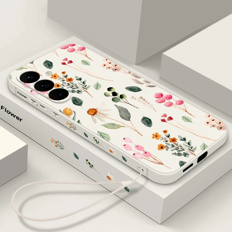 Luxury Flower Print Silicone Case with Lanyard for Samsung Galaxy Cover