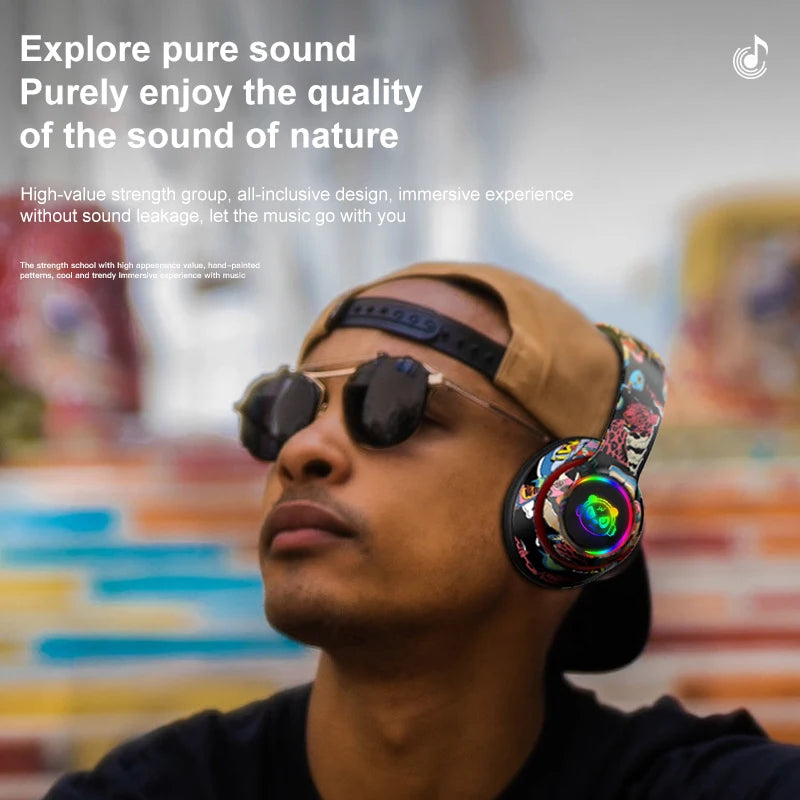 Graffiti Bluetooth 5.1 Gaming Headset  Wireless DJ Headphones Mic, RGB Lights TF Card Support"