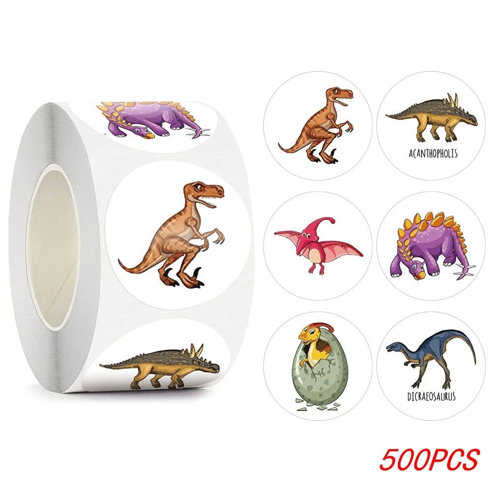 100-500PCS 1 Round Dinosaur Stickers Kids Teacher Reward Incentive Roll