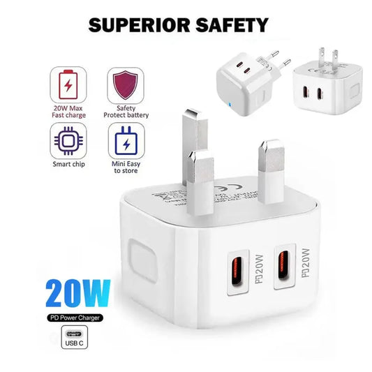 40W Dual USB-C PD Fast Wall Charger for iPhone 11-15 iPad Xiaomi Huawei