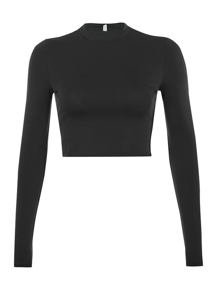 Women's Long Sleeve Crop Top Solid Basic Casual T-Shirt, Black/White, Fashionable Korean Style Tee