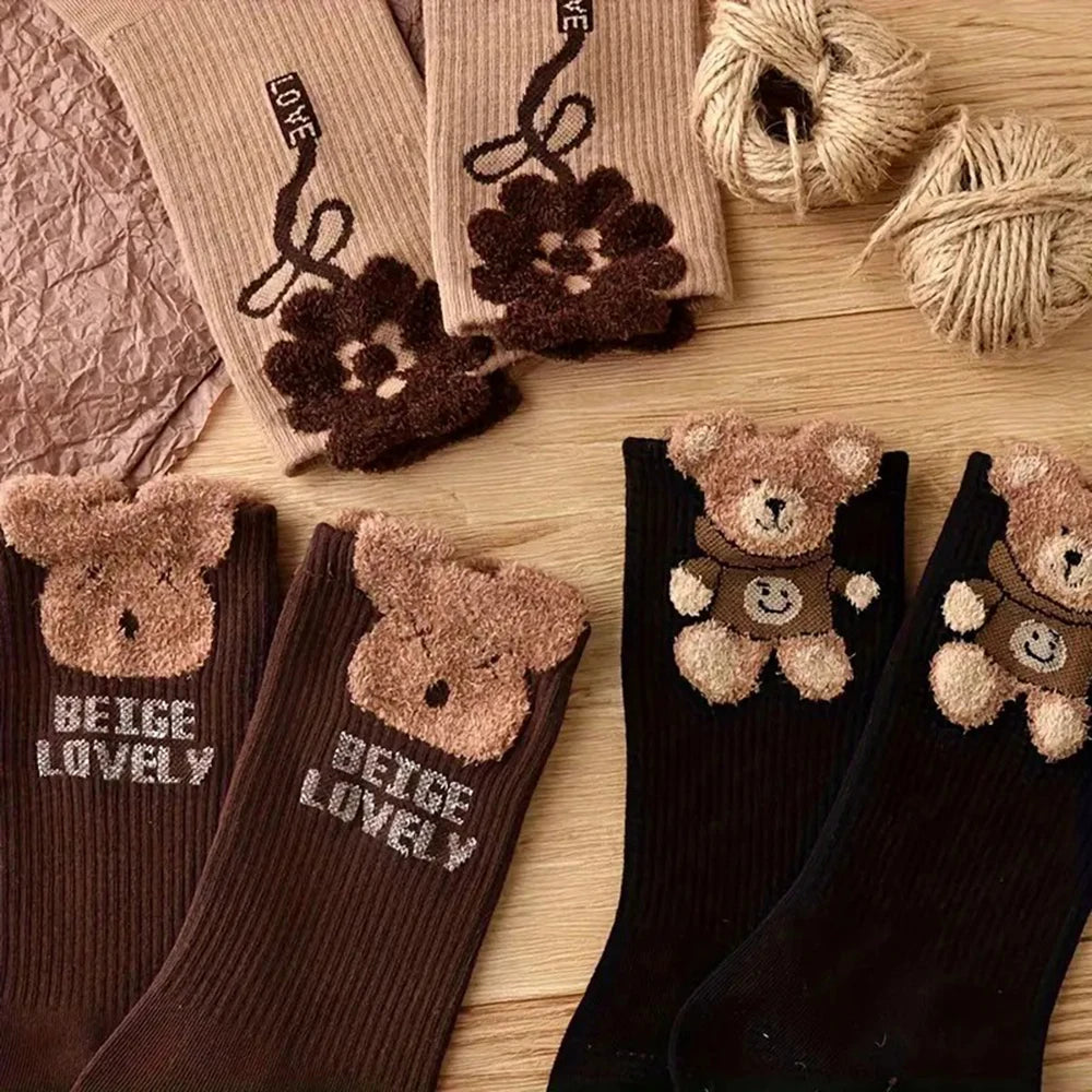 3 Pairs Women's Cartoon Bear Socks Cute Soft Casual Mid Tube