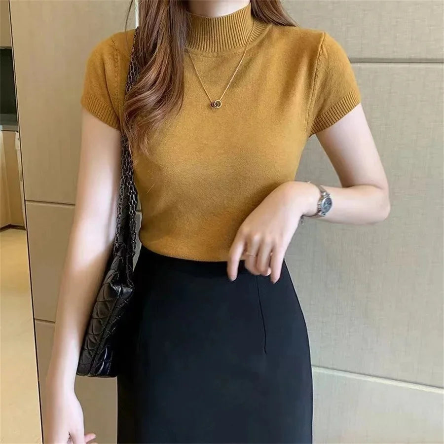 Women's Knitted Short Sleeve Sweater Casual Turtleneck Pullover, Solid Colour, Spring Summer Blouse