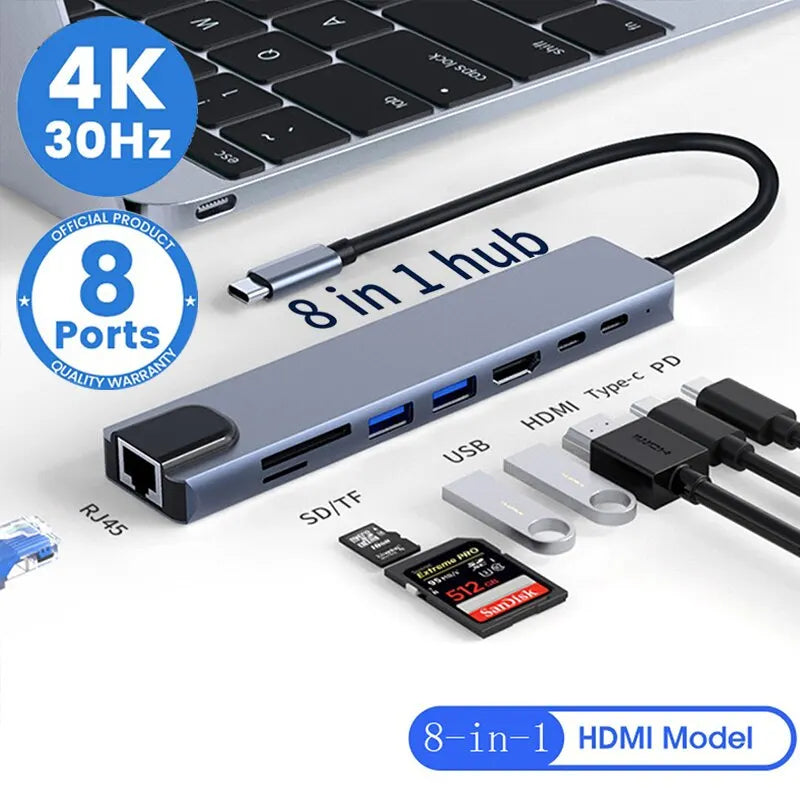 8-in-1 USB-C Hub 4K Thunderbolt 3 Docking Station Adapter for MacBook iPad