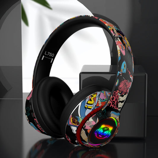 Graffiti Bluetooth 5.1 Gaming Headset  Wireless DJ Headphones Mic, RGB Lights TF Card Support"