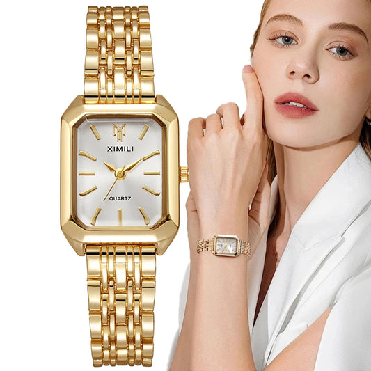 Luxury Women's Square Quartz Watch Gold Plated Stainless Steel Business