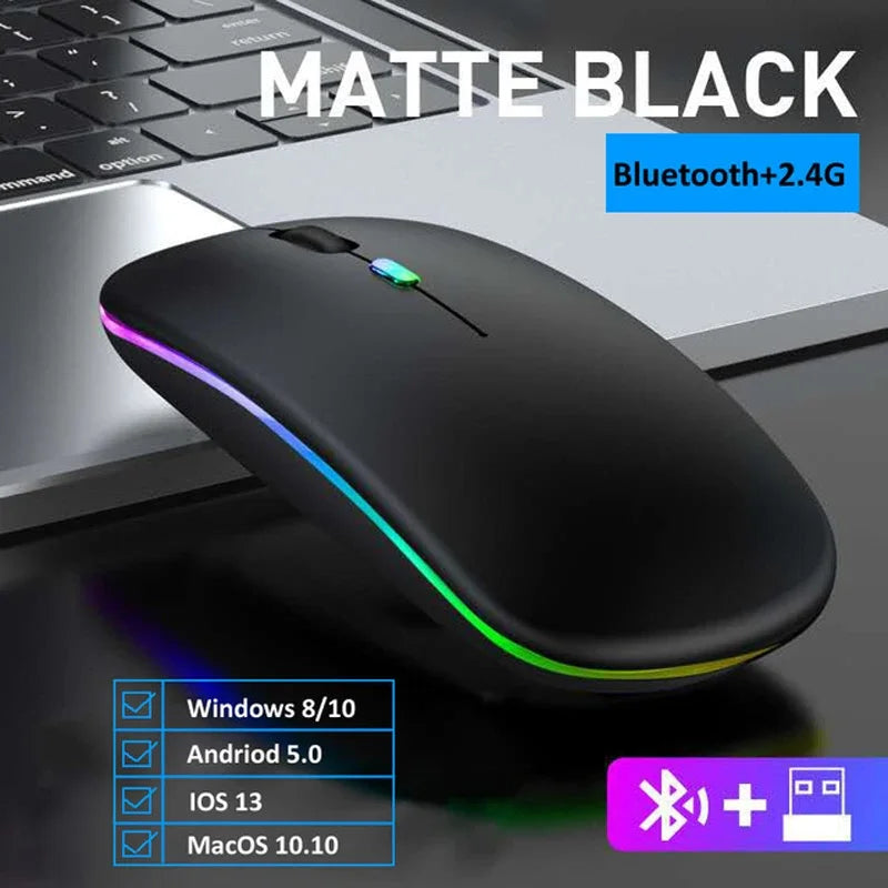 LED Wireless Bluetooth Mouse Rechargeable Silent Dual Mode for Laptop PC