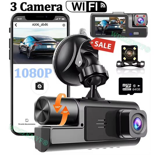 3-Camera Dash Cam 1080P WiFi Car DVR Front & Rear Night Vision Recorder