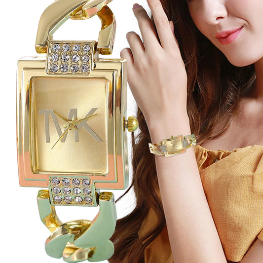 Women's Luxury Square Watch – Gold Alloy Strap Quartz with Roman Numerals