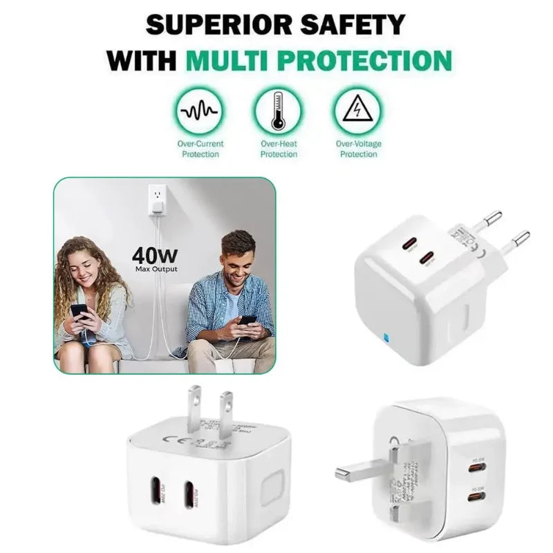 40W Dual USB-C PD Fast Wall Charger for iPhone 11-15 iPad Xiaomi Huawei