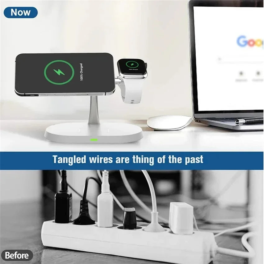 3-in-1 Magnetic Fast Wireless Charging Station | For iPhone 16 15 14 13 Pro Max, Apple Watch 9 8, AirPods Pro | MagSafe Stand