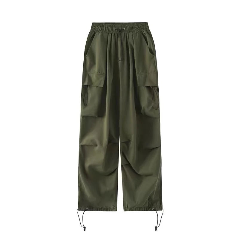 Women's Hip-Hop Wide Leg Cargo Pants Drawstring, Large Pockets, Casual High Street Sports Trousers