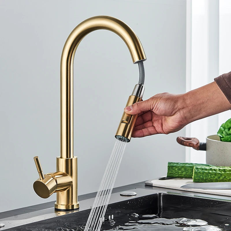 Brushed Gold Kitchen Pull-Out Sink Mixer Tap 360° Rotating Sprayer