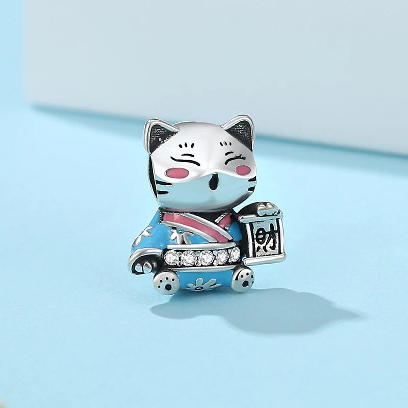 Silver Japanese Doll Fortune Cat Charm Bead for Bracelets