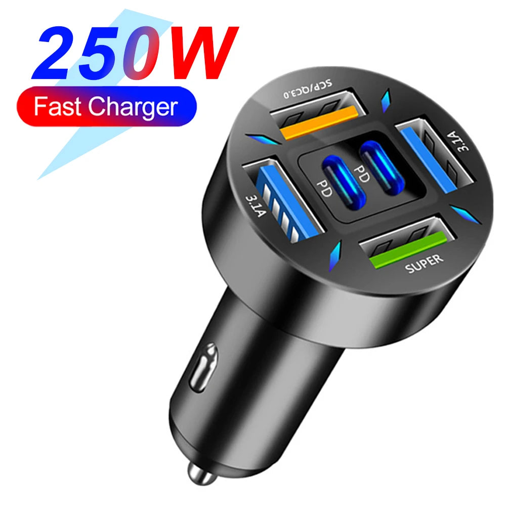 66-250W PD Car Charger QC3.0 Fast Charge 6-Port Cigarette Lighter Adapter