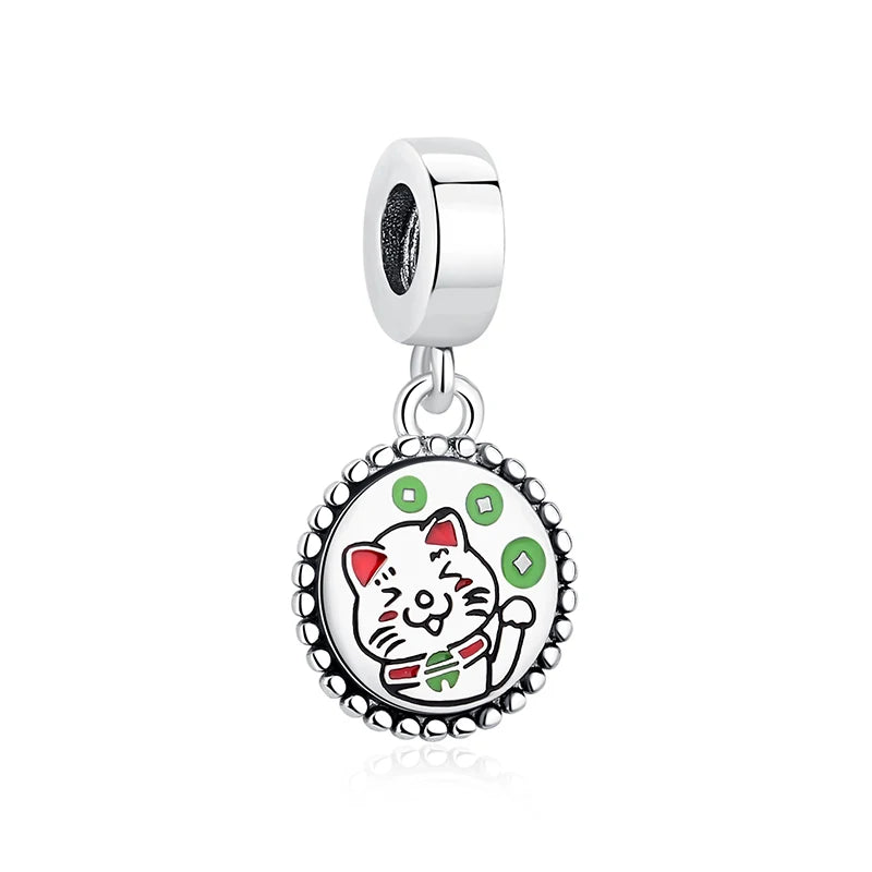 Silver Japanese Doll Fortune Cat Charm Bead for Bracelets