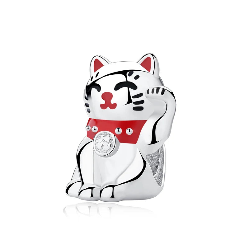 Silver Japanese Doll Fortune Cat Charm Bead for Bracelets
