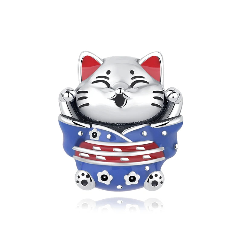 Silver Japanese Doll Fortune Cat Charm Bead for Bracelets