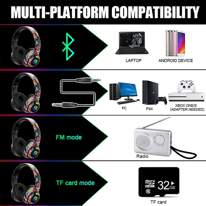 Graffiti Bluetooth 5.1 Gaming Headset  Wireless DJ Headphones Mic, RGB Lights TF Card Support"