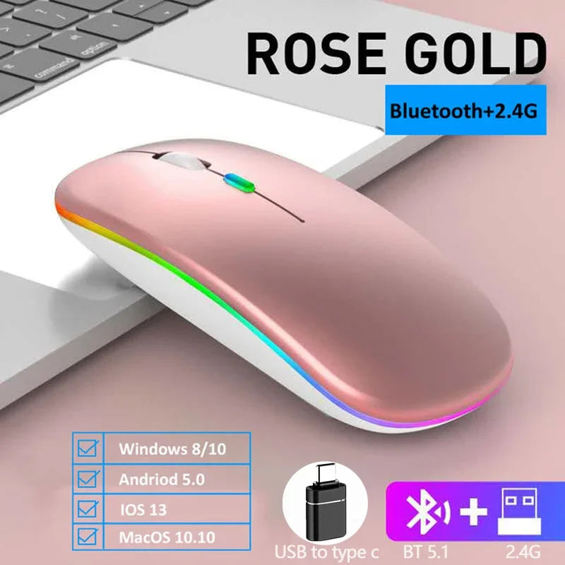 LED Wireless Bluetooth Mouse Rechargeable Silent Dual Mode for Laptop PC