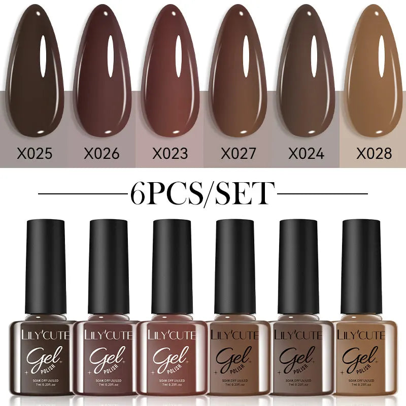 6Pcs 7ml Coffee Series Gel Nail Polish Set Soak Off UV LED Manicure Kit