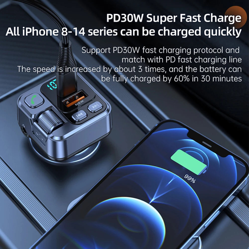 Car Bluetooth FM Transmitter USB PD20W Fast Charger Adapter for Phones