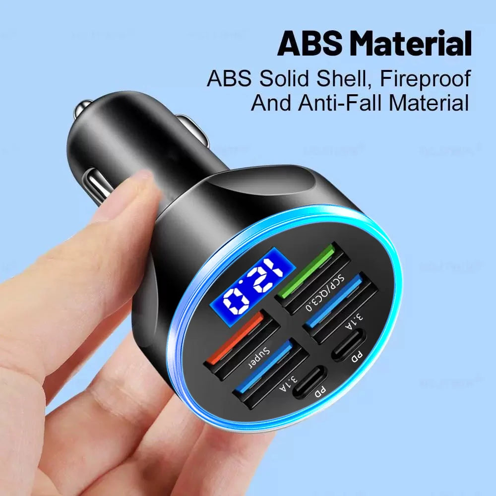 66–250W PD Car Charger  QC3.0 Fast Charge with 6-Port Cigarette Adapter