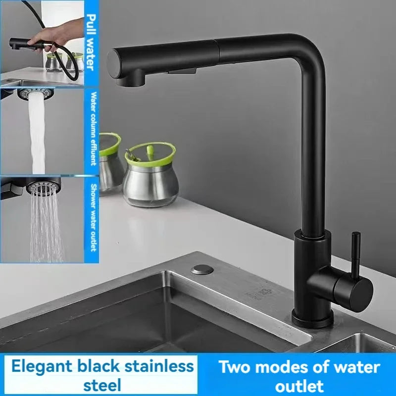 Black Pull-Out Kitchen Faucet Stainless Steel 2-Mode Sprayer Hot & Cold Tap