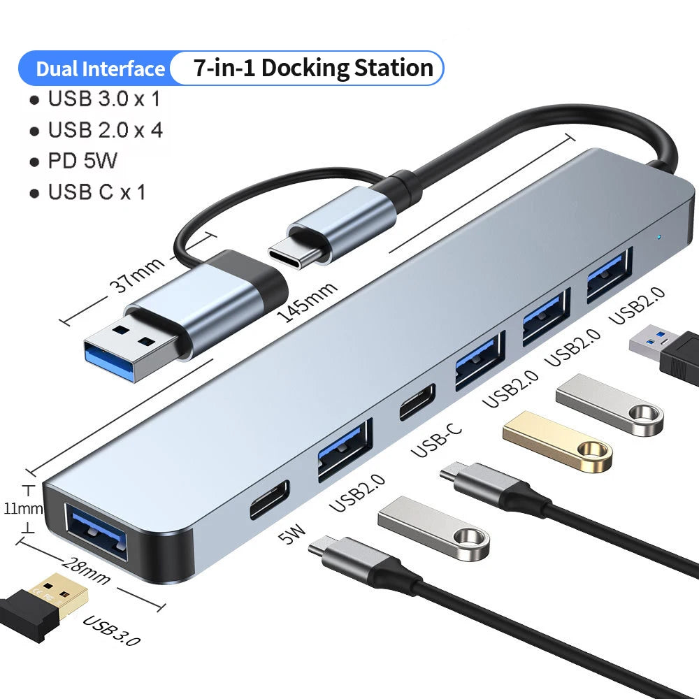 USB C Hub USB Hub 3.0, Aluminum 7 in 1 USB Extender, USB Splitter with USB 3.0, 4 X USB 2.0 and 2 USB C Ports USB Distributor