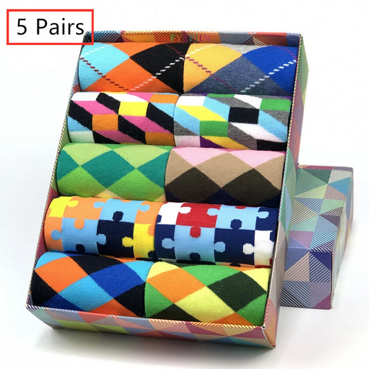 5 Pairs Men's Novelty Cotton Socks Colorful Pattern Funny Crew"