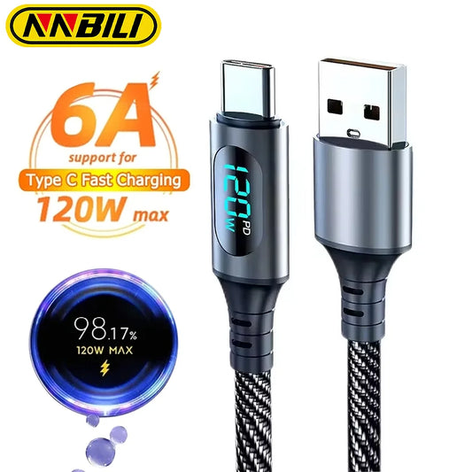 120W USB-A to Type-C Fast Charging Cable – LED Display Nylon Cord 6A