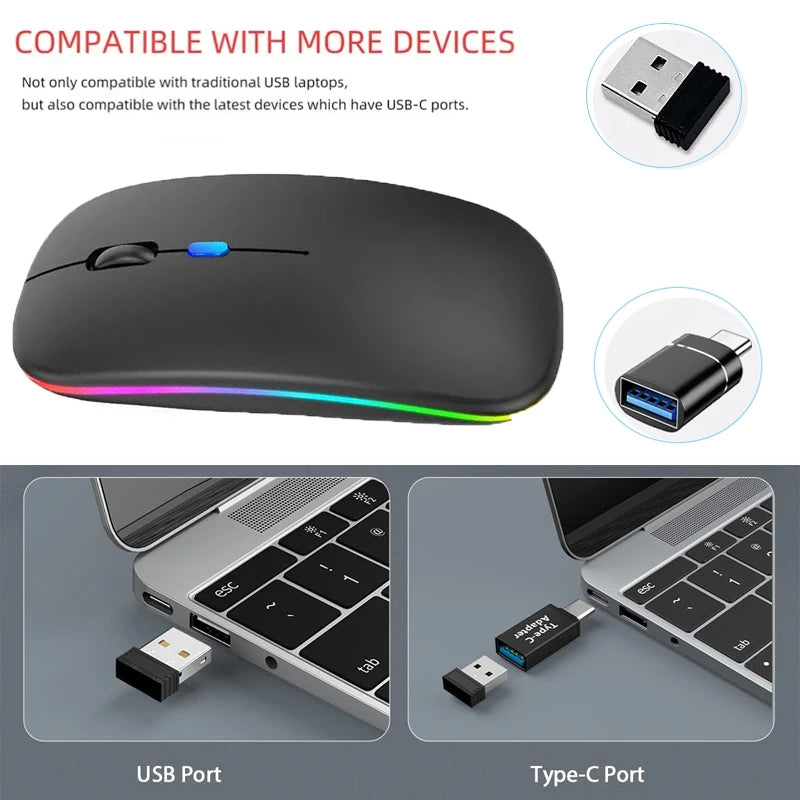 LED Wireless Bluetooth Mouse Rechargeable Silent Dual Mode for Laptop PC