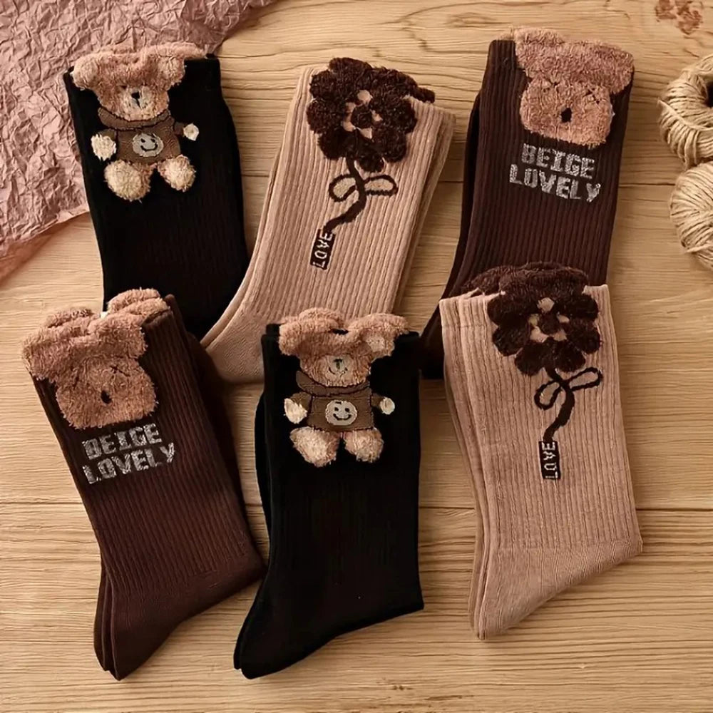 3 Pairs Women's Cartoon Bear Socks Cute Soft Casual Mid Tube