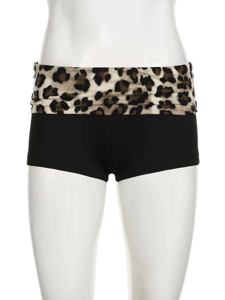 Women's Low-Waist Leopard Booty Shorts Contrast Patchwork, Slim Fit, Sexy Baddie Outfit