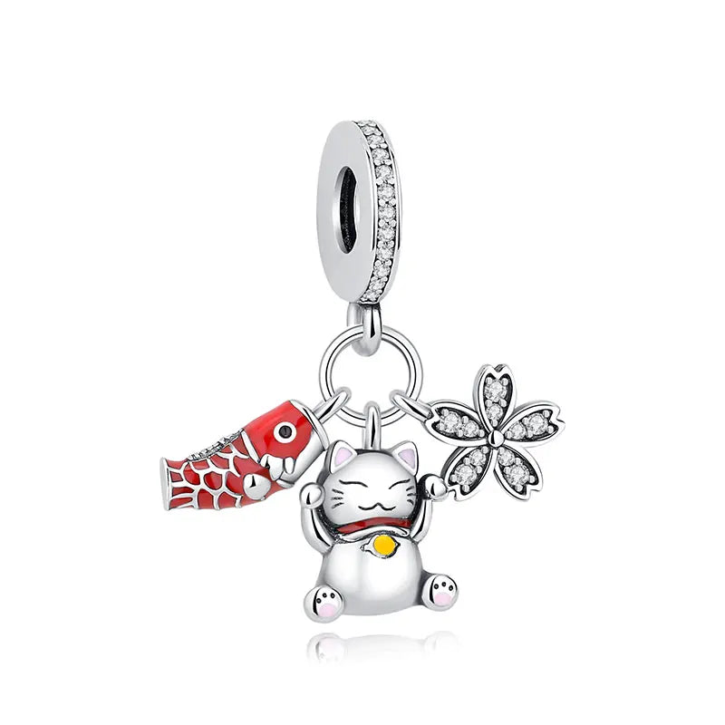 Silver Japanese Doll Fortune Cat Charm Bead for Bracelets