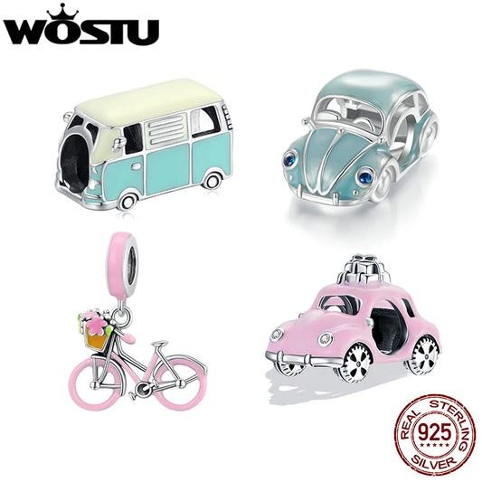 925 Sterling Silver Pink Bicycle Car Charm Bead Pendant for Bracelet DIY
