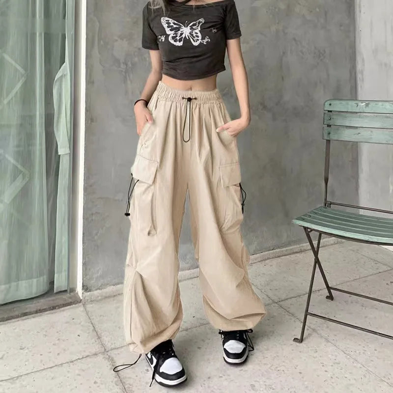 Women's Hip-Hop Wide Leg Cargo Pants Drawstring, Large Pockets, Casual High Street Sports Trousers