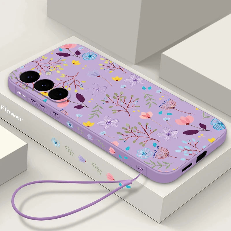 Luxury Flower Print Silicone Case with Lanyard for Samsung Galaxy Cover