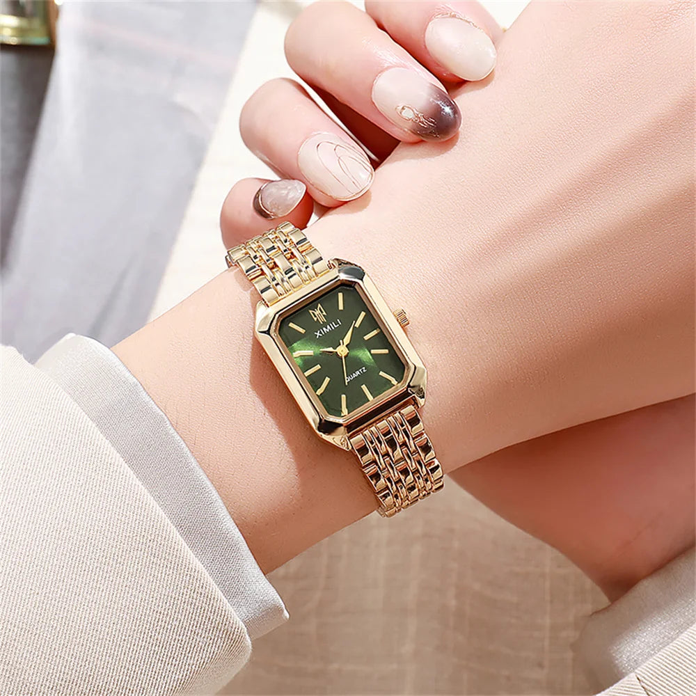 Luxury Women's Square Quartz Watch Gold Plated Stainless Steel Business